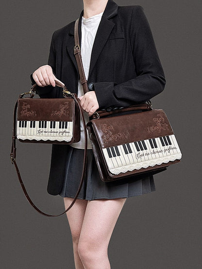 Elegant Midium-Sized Brown Piano-Themed Crossbody & Backpack Briefcase With Embroidered Floral Accents