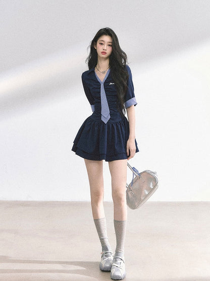 Plaid Tie Design Navy Blue Preppy Style V-neck Mini Dress