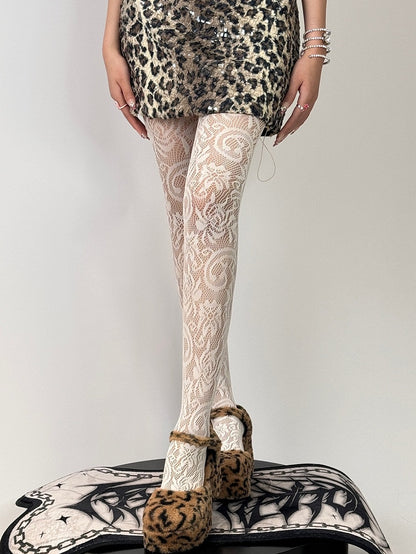 White/Black Hollow-out Design Floral Pattern Tights