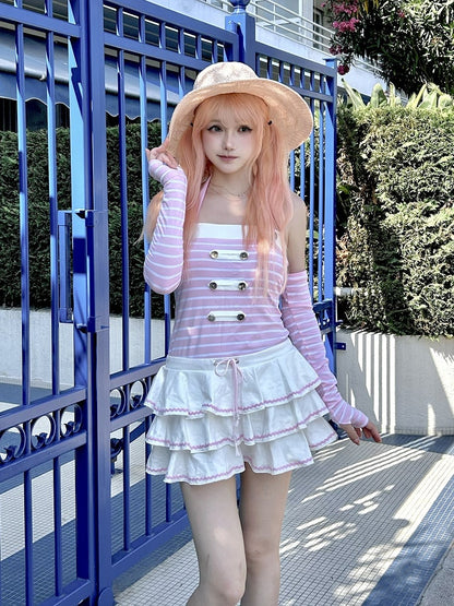 Pink Striped Pattern Navycore Self-tie Halter Dress Tiered Skirt with Free Armwear