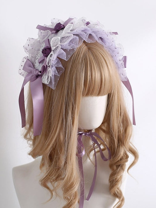 Purple Floral Design Bowknot Details Polka-dot Pattern Ruffled Hairband