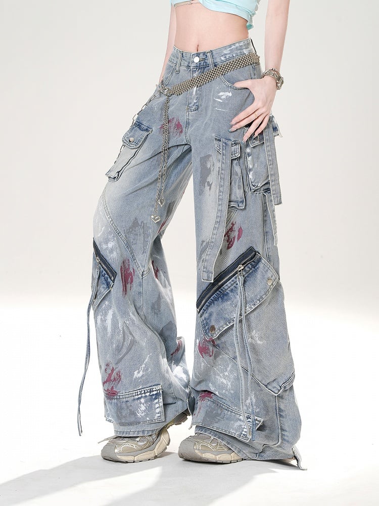 Spray Paint Print Blue Low Rise Zipper Details Distressed Wide-leg Jeans