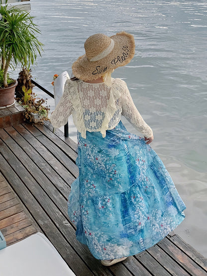 Plus Size Apricot Self-tie Straps Hollow-out Lace Top