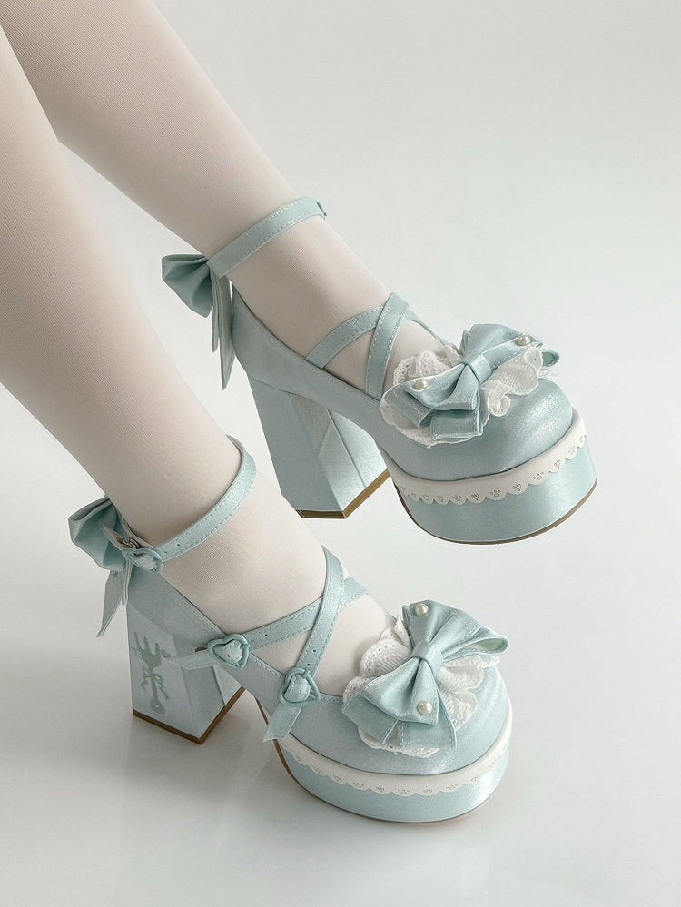 Blue Lolita Lace Bowknot Buckle Straps Fork Embroidery Platform Block High Heels