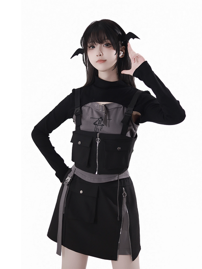 Black Pocket Details Techwear Zip-up Vest Snap Shoulder Straps