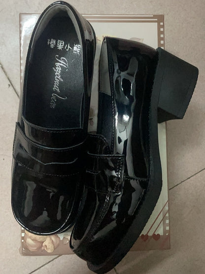 PU Black Academic Mid-Heel Shoes - Slip-On Design for School Style