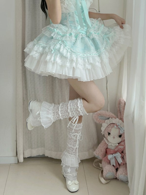 Black/White Y2K Floral Pattern Ruffled Cuff Star Charms Leg Sleeves