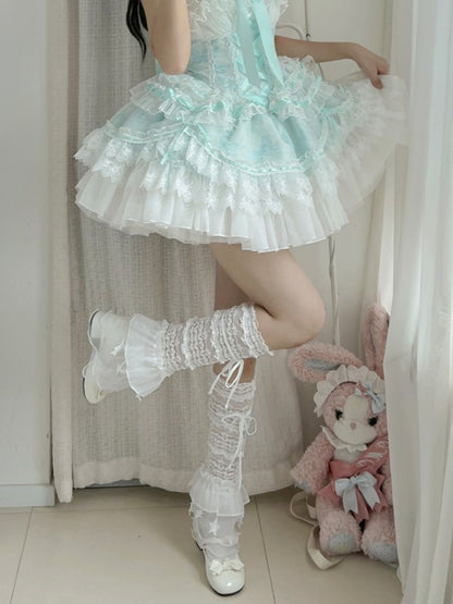 Black/White Y2K Floral Pattern Ruffled Cuff Star Charms Leg Sleeves