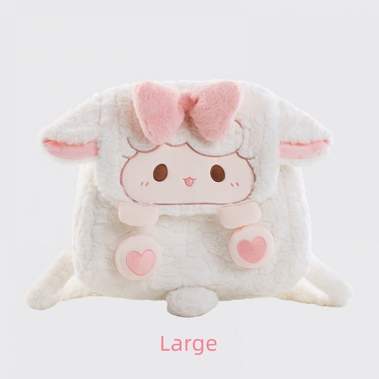 White Lamb Bowknot Plush Flap Backpack Bag Middle/Large Size