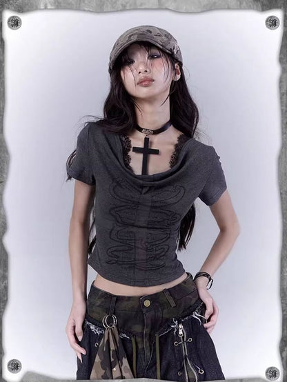 Dark Gray Cowl Neckline Cross Cutout Detail T-Shirt