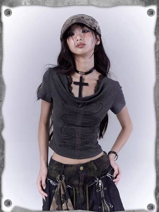 Dark Gray Cowl Neckline Cross Cutout Detail T-Shirt