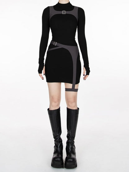 Cyberpunk Futuristic Black & Gray Buckle Strap Dress Waist Belt and Harness All-in-one with Garter