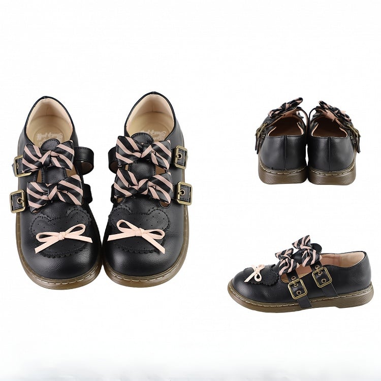 Black Striped Pattern Bowknot Details Bear Design Lolita Flats