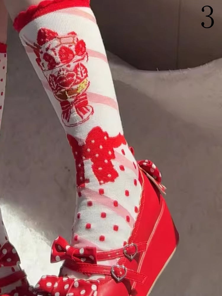 Strawberry Ice Cream Lolita Polka-dot Pattern Ruffled Cuff Calf socks