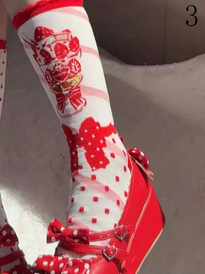 Strawberry Ice Cream Lolita Polka-dot Pattern Ruffled Cuff Calf socks