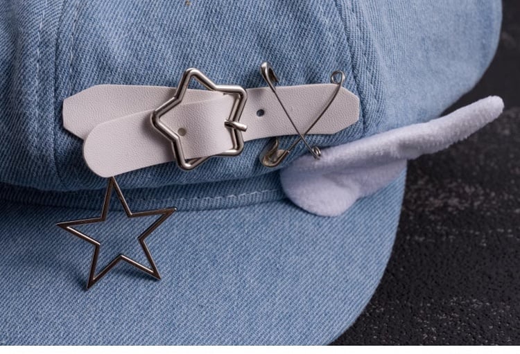 Handmade Star Buckle and Wings Light Blue Denim Hat