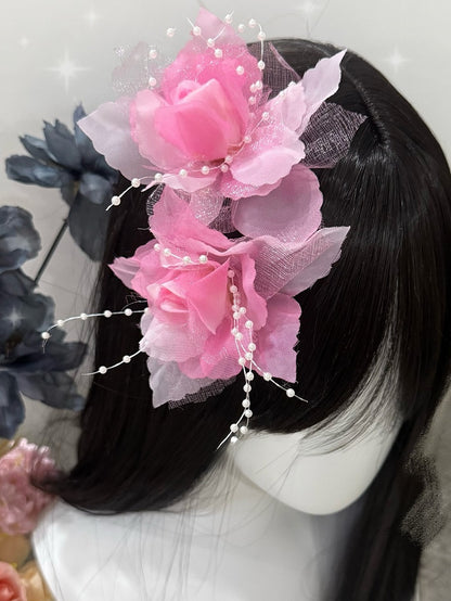 Pink Beaded Decorated Floral Hairclips