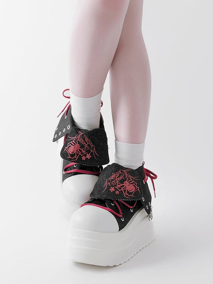 Black & Red Punk Spider Print Platform Sneakers