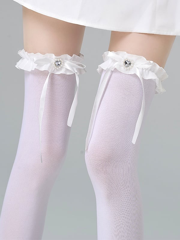 White/Grey/Black Jirai Kei Heart-shaped Rhinestone Bowknot Ruffled Cuff Overknee Stockings
