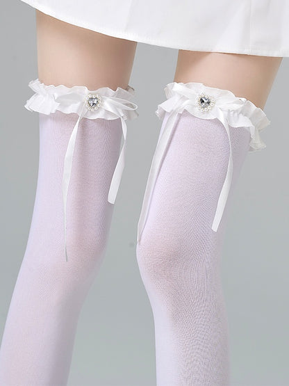 White/Grey/Black Jirai Kei Heart-shaped Rhinestone Bowknot Ruffled Cuff Overknee Stockings
