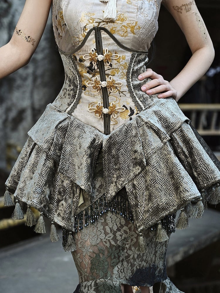 Chinoiserie Knot Buttons Boned Corset Tassels Hemline
