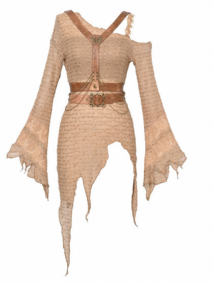 Wasteland Punk Light Brown Asymmetrical Neckline Knitted Sweater  With Butterfly And Chain Decorated Harness