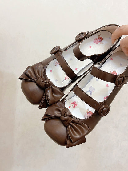 Bow Accents Sweet Brown Buckle Straps Shoes Princess Low Heels