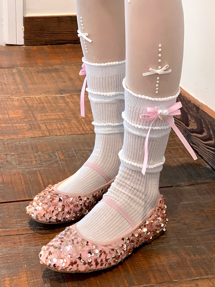 6 Color Options Beaded Heart Decorated Bowknot Detail Loose Calf Socks