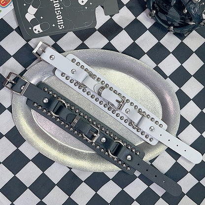 Black/White Pop Punk Studs Details Buckle Decorated Bracelet
