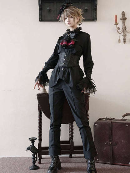 Black Ouji Lolita Ruffle Neckline Prince Style Long Sleeves Shirt
