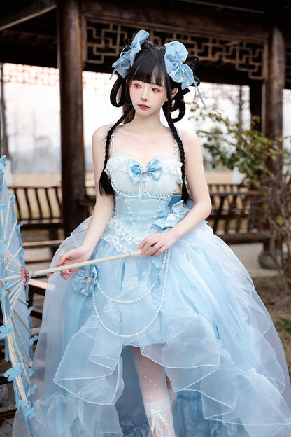 Plus Sizes Available Blue Princess Lolita Boned Waist Top + High-low Cascading Flounce Skirt