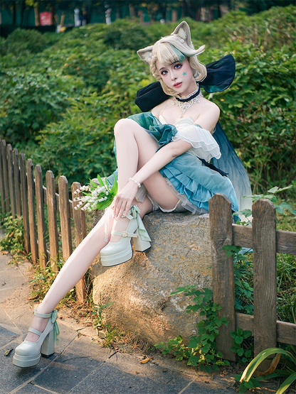 Light Green Detachable Bowknot Lily of the Valley Embroidery High Block Heel Platform Mary Janes