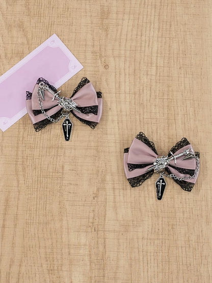 5 Colors Coffin Charm Gothic Cross Jirai Kei Bowknot Hairclips with Chain