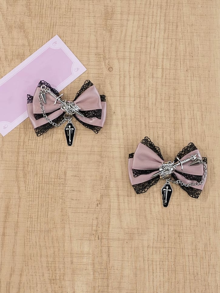 5 Colors Coffin Charm Gothic Cross Jirai Kei Bowknot Hairclips with Chain