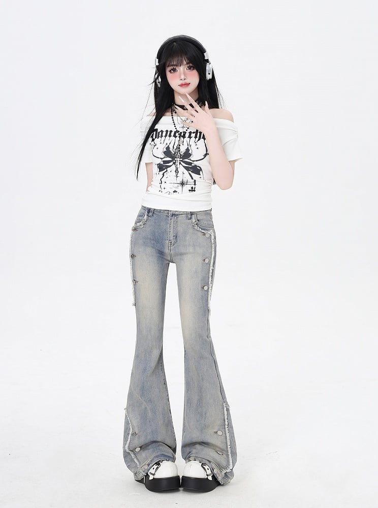 Blue Raw Hem Vintage Glamorous Flared Jeans
