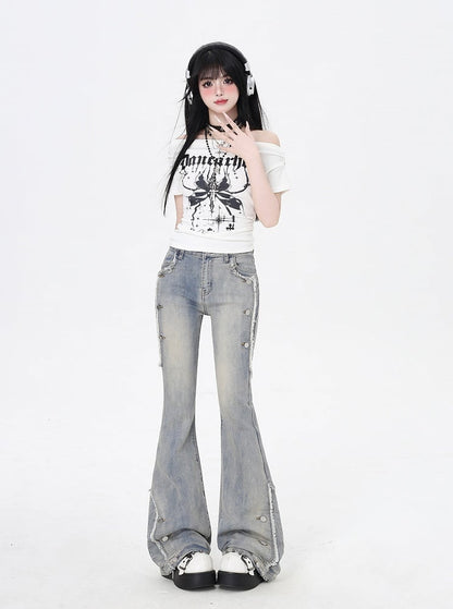 Blue Raw Hem Vintage Glamorous Flared Jeans