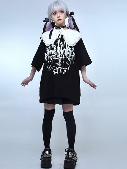 Black Jirai Kei Cat And Letter Print T-shirt