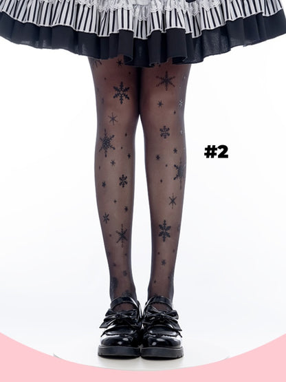 4 Options White/Black Snowflake Print Lolita Tights