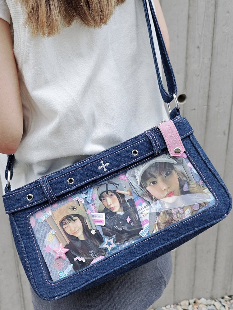 Dark Blue Cross Design Denim Ita Bag with Detachable Chain