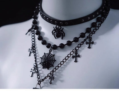 Spider Web and Cross Pendant Black Gothic Triple Layered Necklace