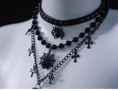 Spider Web and Cross Pendant Black Gothic Triple Layered Necklace