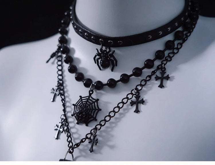 Spider Web and Cross Pendant Black Gothic Triple Layered Necklace