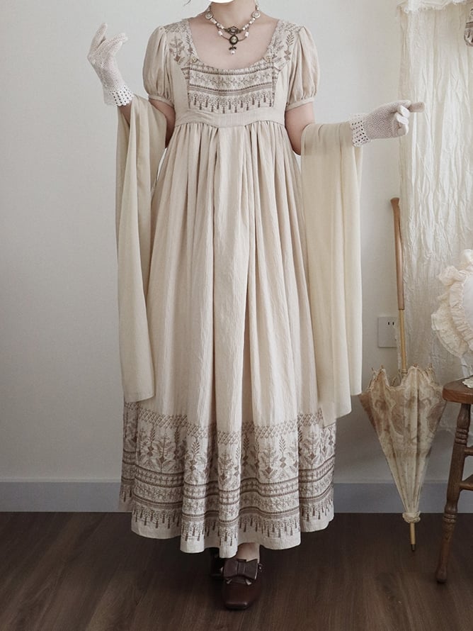 Foldover Design Neckline Brown Vintage Embroidery Empire Waist Elegant Lolita One Piece Long/Short Version