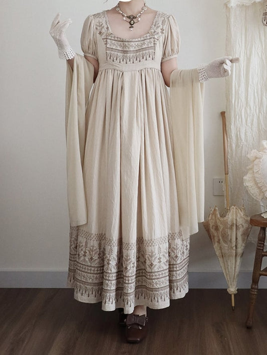 Foldover Design Neckline Brown Vintage Embroidery Empire Waist Elegant Lolita One Piece Long/Short Version