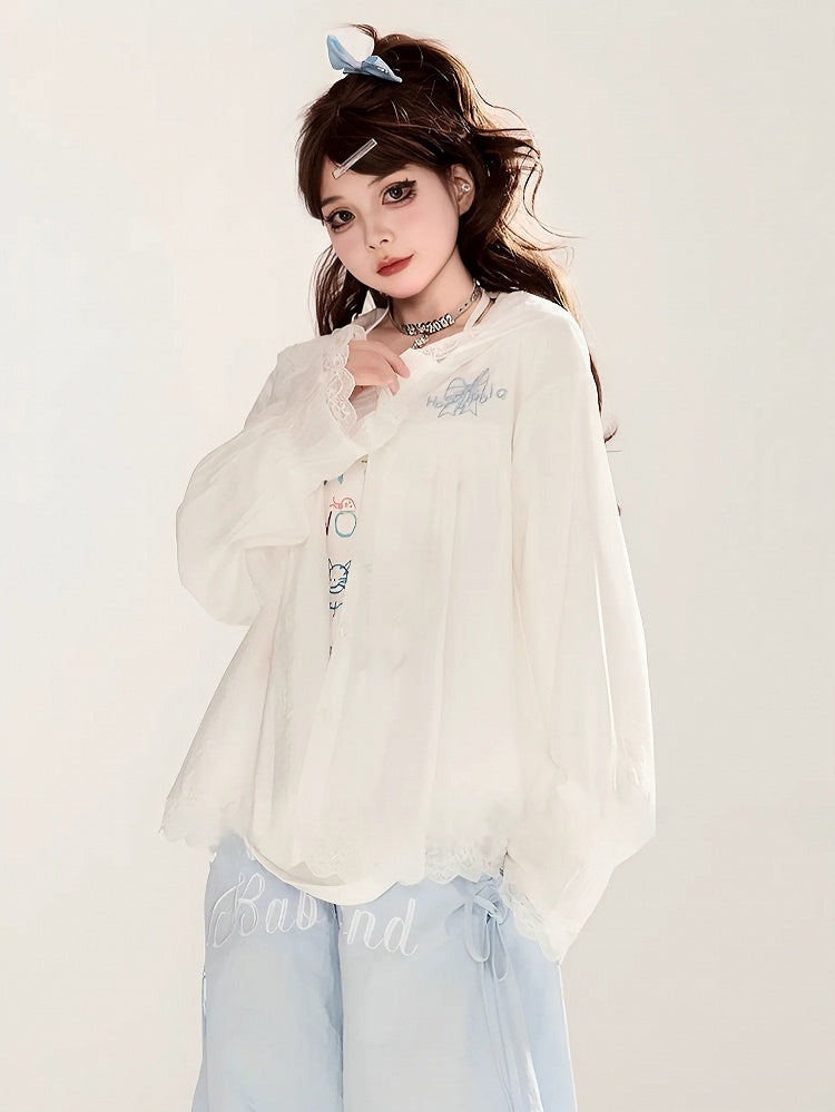 Blue Bowknot Embroidery White Lace Trim Front Button Placket Hooded Jacket