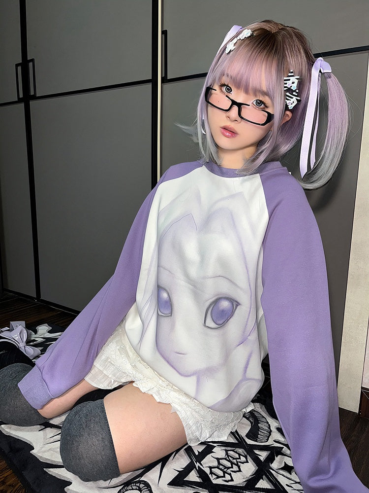 Cartoon Girl Print Purple and White Sweatshirt