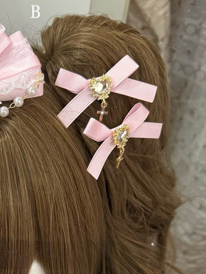 Pink Beaded Charm Floral Design Bowknot Hairclip + Rhinestone Heart Decorated Cross Charm Bowknot Hairclips