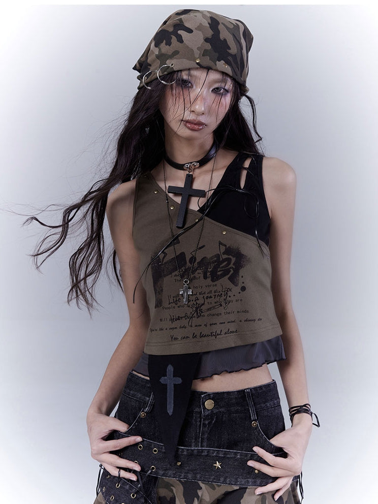 Army Green Lace-up Shoulder Asymmetrical Hem Wasteland Punk Tank Top