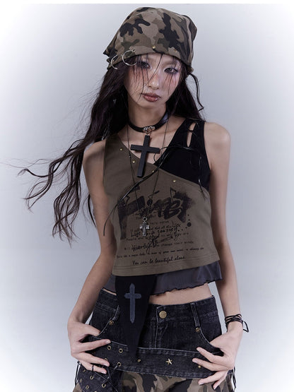 Army Green Lace-up Shoulder Asymmetrical Hem Wasteland Punk Tank Top