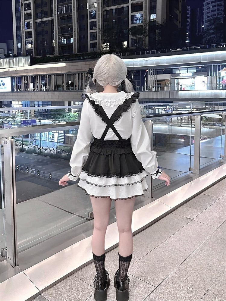 Jirai Kei Black and White Flutter Sleeves Lace-up Details Overalls Tiered Skirt